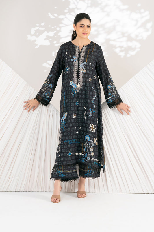 Woman wearing a black floral dress against a white background with heart shapes.